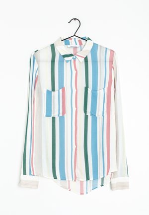 Long-sleeve button-up shirt with vertical stripes in blue, green, pink, yellow, and white, featuring two front chest pockets on a hanger.