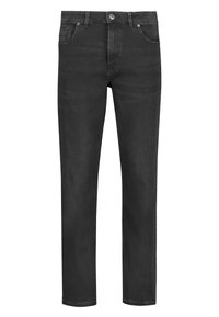 Jeans din denim negri cu un design cu picioare drepte, stil cu cinci buzunare și închidere cu nasture. Fade subtile și cusături pe buzunare.
