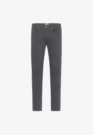 Pantaloni in denim grigio con vestibilità slim, dotati di cinque tasche, passanti per cintura e chiusura frontale con bottone. Texture liscia, design pulito.