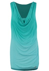 Un top senza maniche di color teal con scollatura drappeggiata e superficie liscia, caratterizzato da un orlo curvo e un discreto logo del marchio in basso.