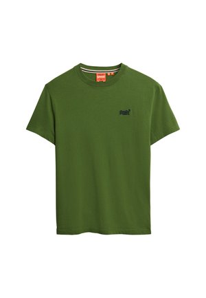 Green cotton t-shirt with short sleeves, crew neck, and embroidered logo in navy on the left chest area. Soft, solid color fabric.