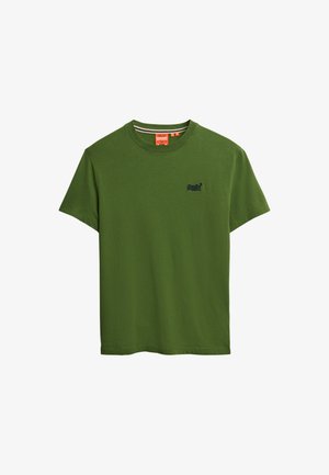 Green cotton t-shirt with short sleeves, crew neck, and embroidered logo in navy on the left chest area. Soft, solid color fabric.