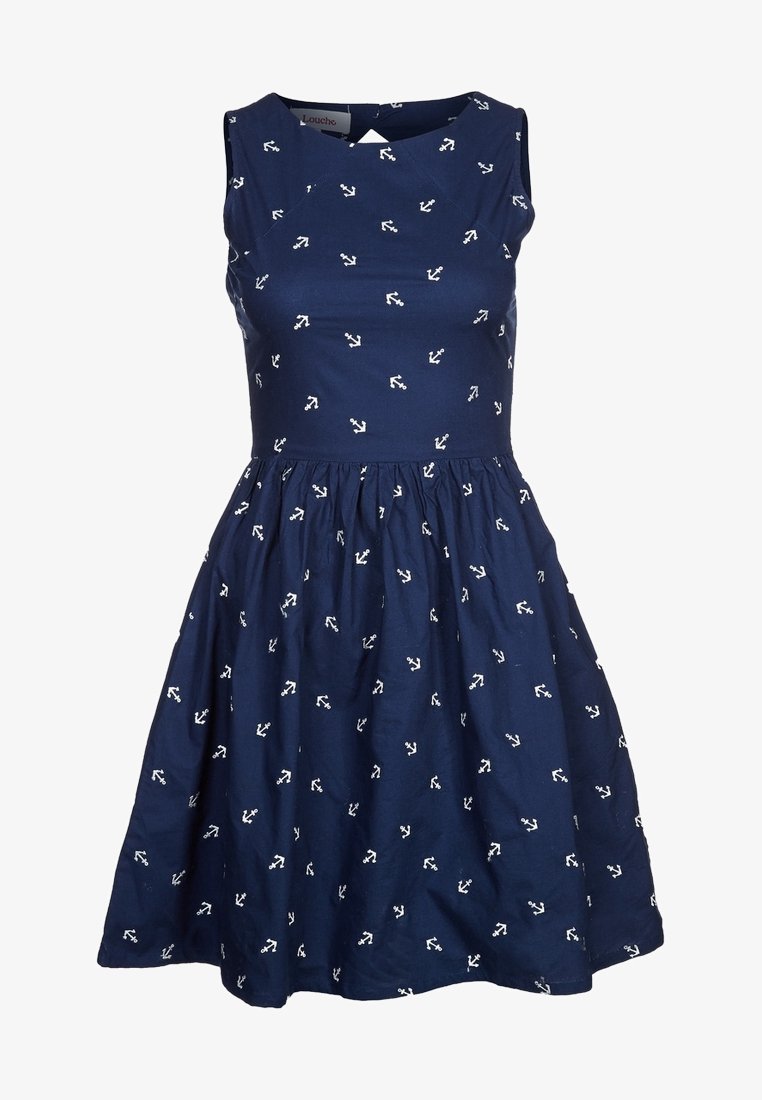 Robe marine à design sans manches, ornée de petits imprimés d'ancre blanche. Corsage ajusté avec une jupe évasée et une taille froncée. Matière en coton.