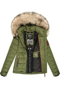 Olive green puffer jacket with fur-trimmed hood, quilted texture, and black interior featuring logos and a red accent zipper.