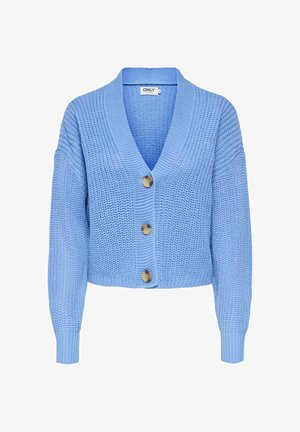Lyseblå strikket cardigan med lange ærmer, tre store brune knapper og en dyb V-hals.