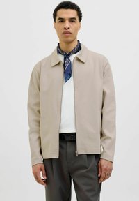 Beige ritsjack met een kraag, gladde textuur en zijzakken. Gemaakt over een witte trui en gecombineerd met grijze broeken.