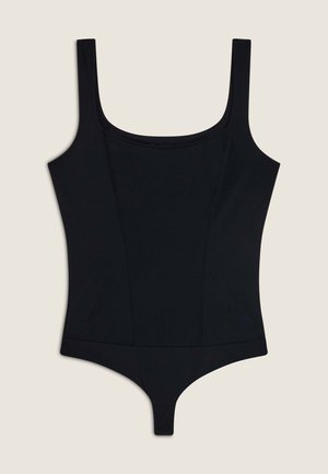 Bodysuit noir avec un décolleté en scoop, des bretelles larges et une coupe ajustée. Il dispose d'une coupe de fond unique et d'une texture sans couture.