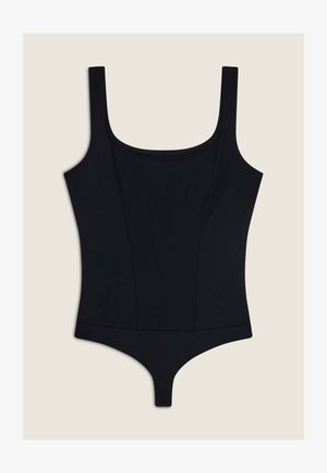Bodysuit noir avec un décolleté en scoop, des bretelles larges et une coupe ajustée. Il dispose d'une coupe de fond unique et d'une texture sans couture.