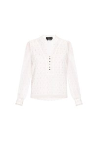 Blusa bianca a maniche lunghe con colletto arricciato, dotata di una patta con bottoni e decorazioni dorate sparse, realizzata in tessuto leggero.