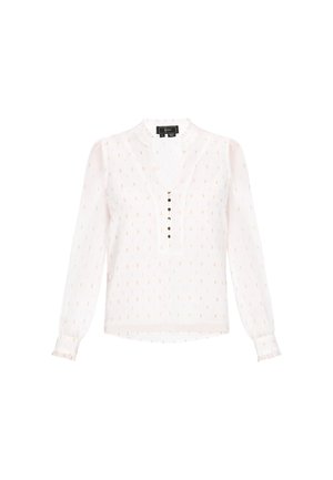 Weißes, langärmliges Bluse mit einem Rüschensaum am Ausschnitt, ausgestattet mit einer knopfbaren Leiste und verstreuten goldenen Akzenten, aus leichtem Stoff gefertigt.