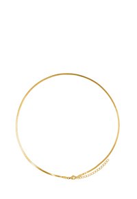 Gold-tone metal choker necklace with a smooth, thin design. Features a lobster clasp and an adjustable chain extension for sizing.