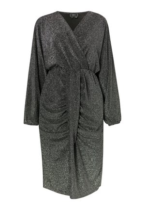 Vestido negro metálico de manga larga, con escote en pico y detalle de fruncido en los laterales, que presenta un diseño drapeado. Tejido suave y brillante.