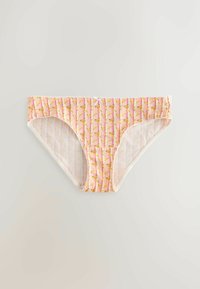 Slip rayé rose pour femmes avec un motif répétitif de bananes jaunes et un petit nœud blanc au centre de la ceinture.