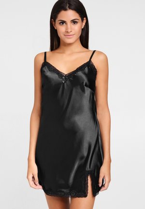 Black satin sleep dress with lace trim on neckline and hem, featuring adjustable straps and a side slit for added detail.