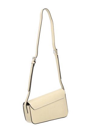 Geantă crossbody din piele crem cu un design minimalist, formă rectangulară și margini negre contrastante. Dispune de o curea ajustabilă și închidere cu clapetă.