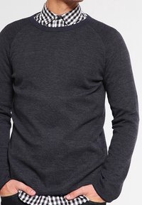 Maglione grigio scuro con maniche raglan e un lavorato a maglia testurizzato, indossato sopra una camicia a scacchi bianco e nero con colletto rigido.