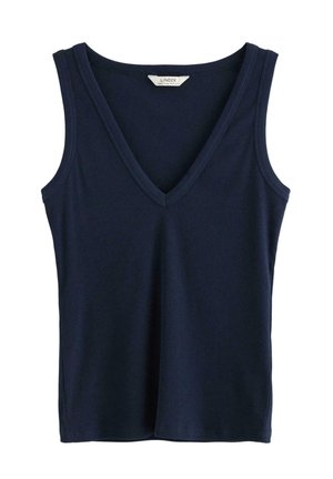 Marineblå ribbekonet, ærmeløs tanktop med V-hals, brede skulderstropper og lige kant.