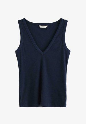 Marineblå ribbekonet, ærmeløs tanktop med V-hals, brede skulderstropper og lige kant.