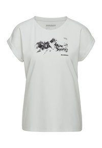 Biała bawełniana koszulka z podwiniętymi rękawami, z czarną grafiką góry i napisem "MAMMUT" blisko dołu, okrągły dekolt, luźny krój.