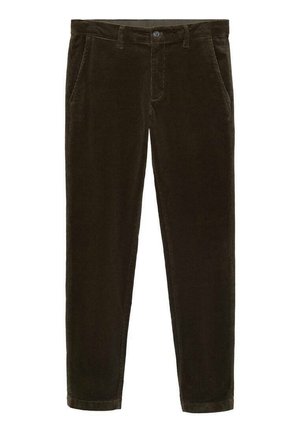 Dunkelgrüne Cordhosen im geraden Schnitt, mit Gürtelschlaufen, zwei Seitentaschen und einem Reißverschluss mit Knopfverschluss.
