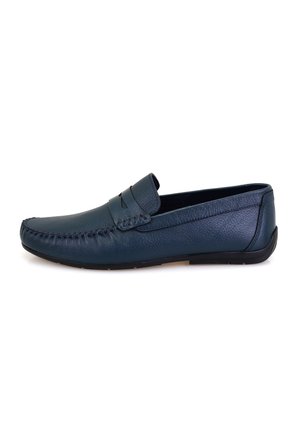 Marineblaue Lederloafer mit Stitching-Details, runder Spitze und niedriger Gummisohle. Besitzt eine glatte Textur und ein elegantes Design.