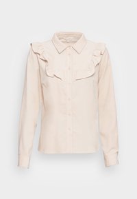 Hellrosa langärmliges Hemd mit gerafftem Kragen, Knopfleiste vorne und glatter Textur. Klassische Passform mit klaren Linien und schlichtem Design.