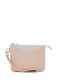 Pochette sintetica rosa con un motivo a onde bianche, cerniera argentata e cinturino staccabile. Presenta il logo Nike in rilievo sul davanti.