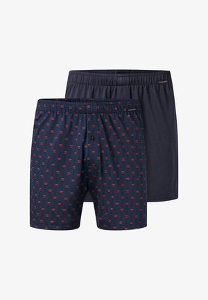 Zwei Paar Boxershorts: eine einfarbig dunkelblau, die andere mit einem gemusterten Design in blauen und roten vertikalen Streifen. Mit einem elastischen Bund.