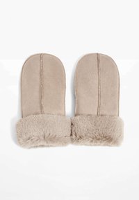 Beige mittens made of soft suede with a fluffy fur cuff. Smooth texture with stitching detail and rounded shape for hand coverage.