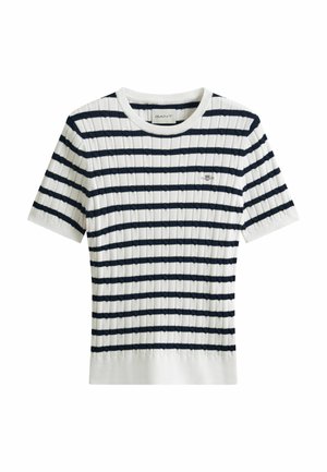 Witte korte mouw gebreide top met horizontale marineblauwe strepen en geribbelde textuur, voorzien van een klein geborduurd logo op de borst.