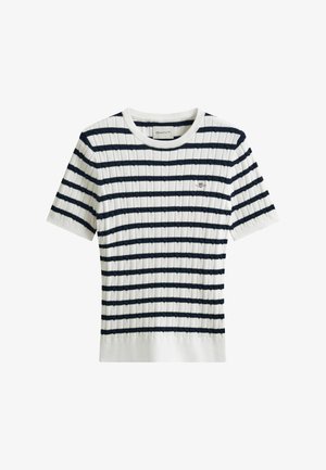 Weißes Strickoberteil mit kurzen Ärmeln, horizontalen dunkelblauen Streifen und geripptem Muster, mit kleinem gesticktem Logo auf der Brust.