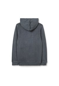 Dunkelgrauer Kapuzenpullover mit glatter Textur, gerippten Bündchen und einer Kängurutasche. Klassischer Schnitt mit einem einfachen, schlichten Design.