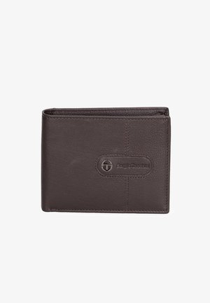 Kastanjebruine leren portemonnee met een gestructureerde buitenkant, voorzien van een debossed logo engestikte details; met een bi-fold ontwerp en afgeronde hoeken.