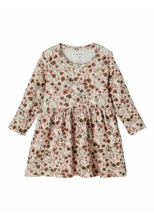 Sukienka dla malucha z długim rękawem, z różowo-brązowym kwiatowym wzorem na kremowym tle, z marszczonym pasem i okrągłym dekoltem.
