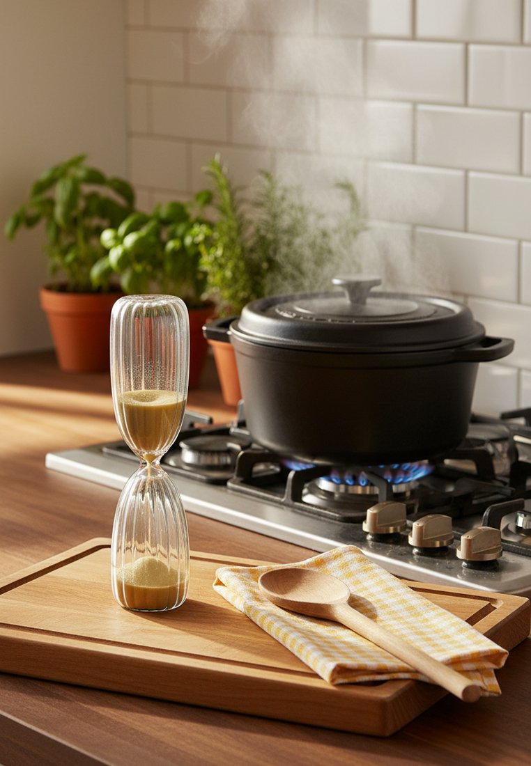 Klepsydra, drewniana łyżka na żółtej kratkowanej tkaninie, para unosząca się z czarnego garnka na kuchence gazowej, w tle doniczki z ziołami.