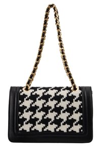 Black and white houndstooth-patterned handbag with a gold chain strap and black leather accents. Structured shape with a flap closure.