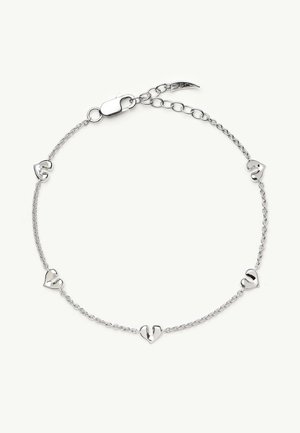 Delicate silver chain bracelet with five small heart-shaped charms and a lobster clasp on a plain white background.
