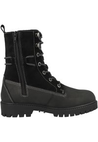 Botas negras hasta el tobillo hechas de ante y goma, con un diseño de cordones, cremallera lateral, costuras en blanco contrastante y una suela resistente.