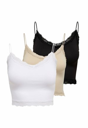 Drei spitzenbesetzte Camisoles in Weiß, Beige und Schwarz mit dünnen verstellbaren Trägern, übereinander vor weißem Hintergrund.
