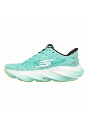 Hell-türkiser Sportschuh mit dicker weißer Sohle, schwarzer Innenfutter, Schnürdesign und weißem Markenlogo an der Seite.