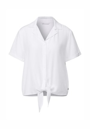 Weiße Bluse mit kurzen Ärmeln, Kragen, Vorderknöpfen und einem gebundenen Knoten-Ausschnitt an der Taille. Glatter Stoff mit lockerer Passform.