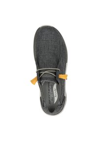 Gray casual slip-on shoe with yellow pull tabs and elastic laces, featuring Skechers Air-Cooled Arch Fit insole.