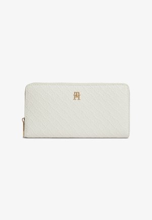 Portefeuille blanc zippé, orné d'un motif texturé et d'un logo monogramme doré au centre avant.
