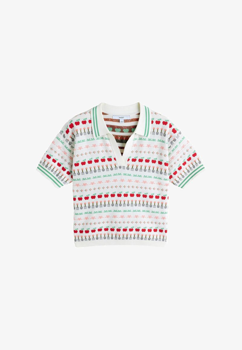 Short-sleeve white knit polo shirt with green stripes on collar and cuffs, featuring red apple and gardening fork patterns in horizontal rows.