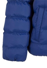 Manica di giacca a vento blu navy con un design trapuntato, polsino elasticizzato e superficie liscia e lucida. Presenta una tasca laterale.