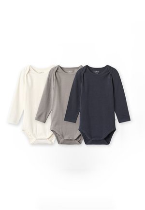 Three long-sleeve baby bodysuits in white, gray, and navy blue, arranged side by side on a white background.