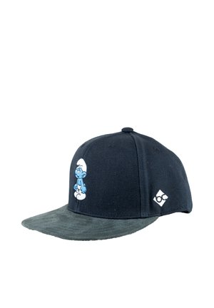 Black baseball cap with a blue Smurf character embroidered on the front and a white logo on the side, flat dark grey brim.