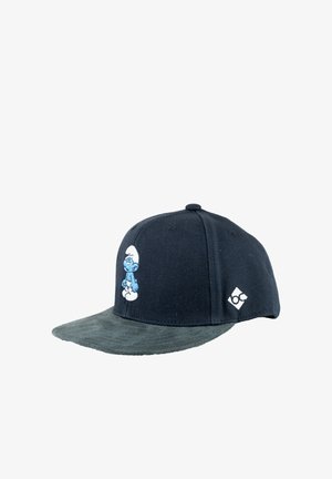 Schwarze Baseballkappe mit einer blauen Schlumpf-Figur, die auf der Vorderseite gestickt ist, und einem weißen Logo an der Seite, flache, dunkelgraue Krempe.