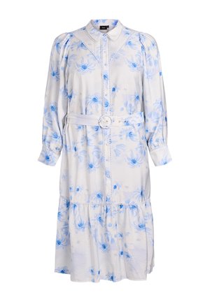 Robe midi blanche à imprimé floral bleu clair, manches longues bouffantes, fermeture à boutons sur le devant, col et ceinture assortie avec boucle ronde.