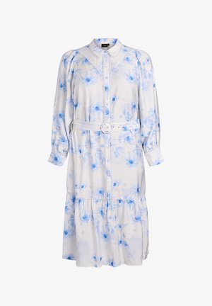 Balta midi kleita ar gaiši zilas krāsas ziedu rakstu, gari pūderveida piedurkņi, pogu priekšpuse, apkakle un līdzi nākošs josta ar apaļu sprādzi.